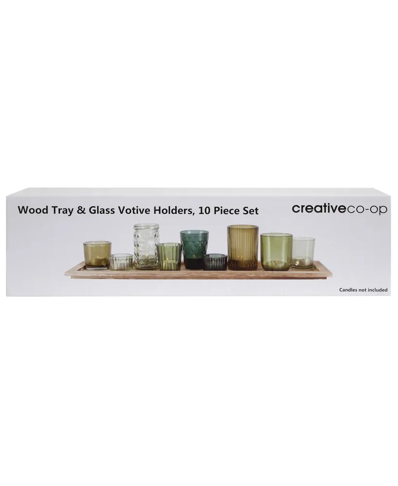 Round Glass Votive Holders on Wood Tray, Green, Set of 10