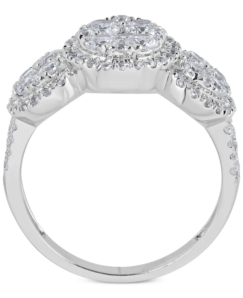 Diamond Halo Three Stone Cluster Ring (1-3/8 ct. t.w.) in 14k White Gold