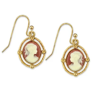 2028 Gold-Tone Simulated Dark Orange Cameo Oval Drop Earrings