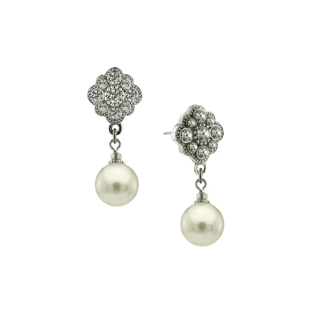 2028 Silver-Tone Crystal and Simulated Pearl Round Drop Earrings