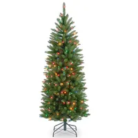 National Tree 4 .5' Kingswood Fir Hinged Pencil Tree with 150 Multi Lights