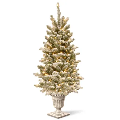 National Tree Company 4' Feel Real Snowy Sheffield Spruce Entrance Tree in Silver Brushed Urn with 70 Clear Lights