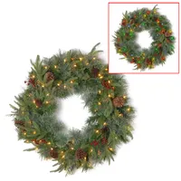 National Tree 24" Feel Real(R) Colonial Wreath with 8 Pine Cones, 8 Red Berries and 50 Dual Color (R) Battery Operated Led Lights w/Timer-9 Functions