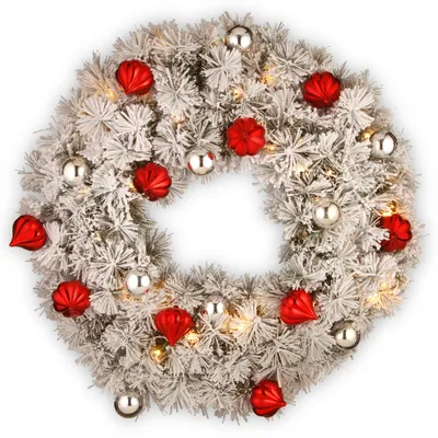 National Tree Company 30" Snowy Bristle Pine Wreaths with Red & Silver Ornaments & 70 Warm White Battery Operated Led Lights w/Timer