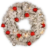 National Tree Company 30" Snowy Bristle Pine Wreaths with Red & Silver Ornaments & 70 Warm White Battery Operated Led Lights w/Timer