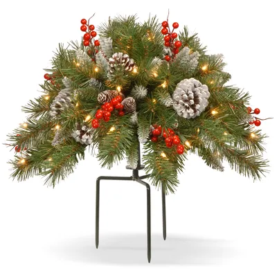 National Tree Company 18' Frosted Berry Urn Filler with Cones, Red Berries, Tripod Stake & 35 Warm White Battery Operated Led Lights w/Timer