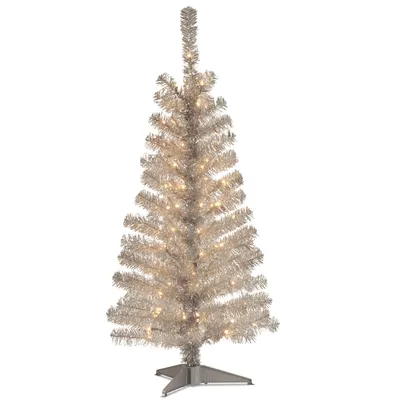 National Tree 4 ft. Silver Tinsel Tree with Clear Lights