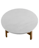 30 inch Round Coffee Table in Faux White Marble and Acorn