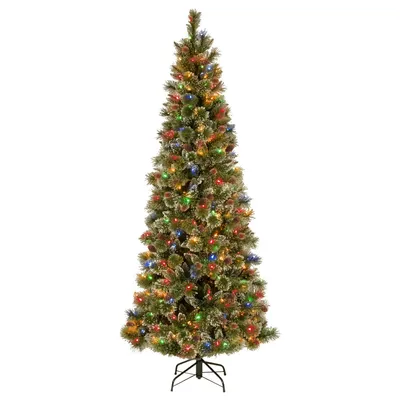 National Tree 7' Glistening Pine Pencil Slim Hinged Tree with Glittered Cones & Multi Lights PowerConnect