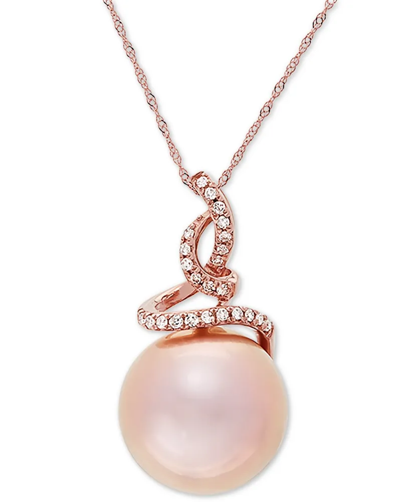 Honora Pink Cultured Ming Pearl (13mm) & Diamond (1/8 ct. t.w.) 18" Pendant Necklace in 14k Rose Gold