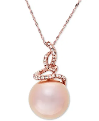 Honora Pink Cultured Ming Pearl (13mm) & Diamond (1/8 ct. t.w.) 18" Pendant Necklace in 14k Rose Gold