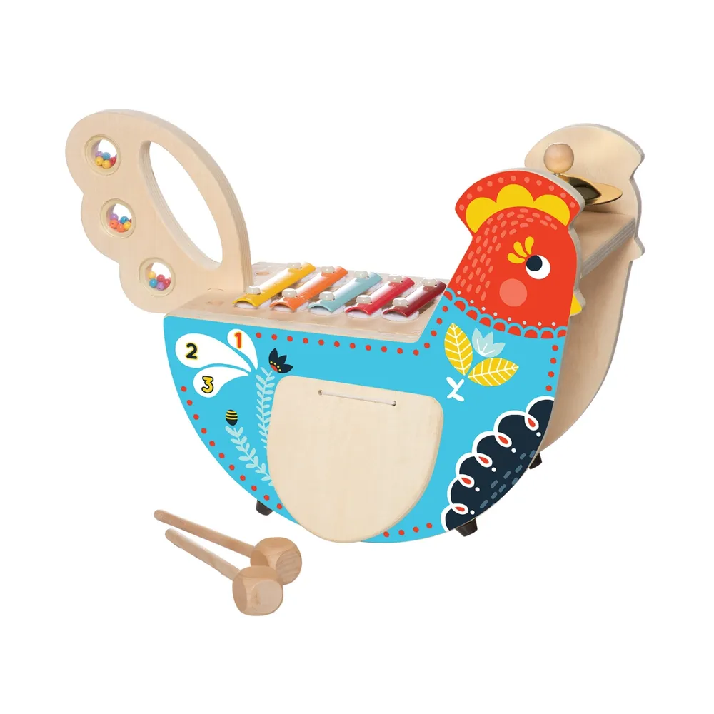 Manhattan Toy Musical Chicken Wooden Instrument With Xylophone, Drumsticks, Cymbal, And Maraca