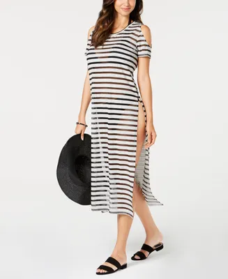 Calvin Klein Crochet Striped Cold-Shoulder Cover-Up, Created for Macy's