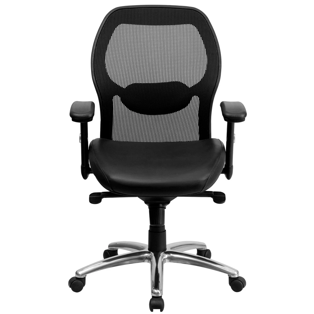 Mid-Back Black Super Mesh Executive Swivel Chair With Leather Seat, Knee Tilt Control And Adjustable Arms