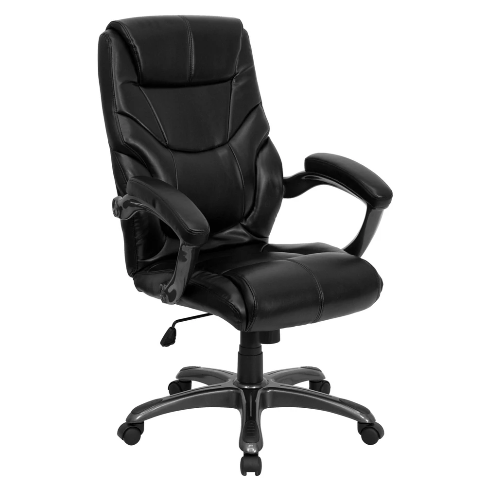 High Back Black Leather Overstuffed Executive Swivel Chair With Arms