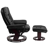 Contemporary Leather Recliner And Ottoman With Swiveling Mahogany Wood Base