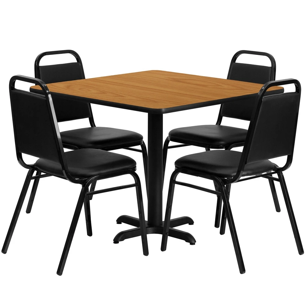 36'' Square Natural Laminate Table Set With 4 Black Trapezoidal Back Banquet Chairs