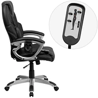 High Back Massaging Black Leather Executive Swivel Chair With Silver Base And Arms