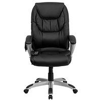 High Back Massaging Black Leather Executive Swivel Chair With Silver Base And Arms