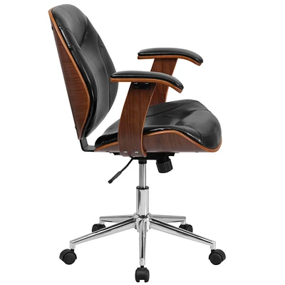 Mid-Back Black Leather Executive Wood Swivel Chair With Arms