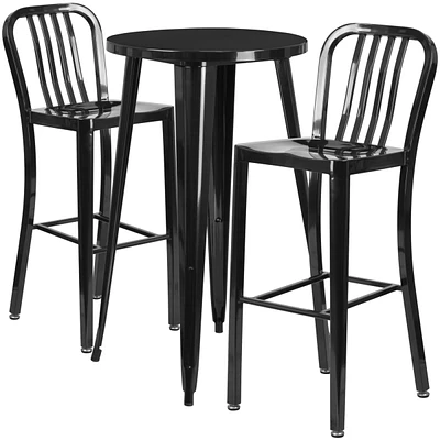 24'' Round Metal Indoor-Outdoor Bar Table Set With Vertical Slat Back Stools