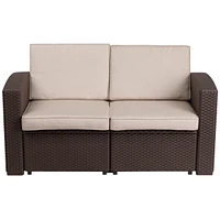 Chocolate Brown Faux Rattan Loveseat With All-Weather Beige Cushions