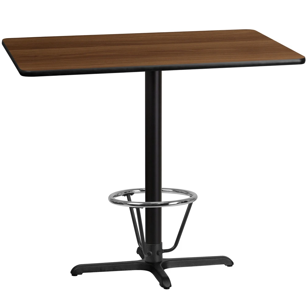 30'' X 48'' Rectangular Walnut Laminate Table Top With 22'' X 30'' Bar Height Table Base And Foot Ring