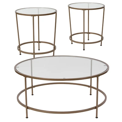 Astoria Collection 3 Piece Coffee And End Table Set With Glass Tops And Matte Gold Frames