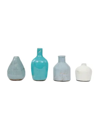 Round Terracotta Vases, Blue and Ivory, Set of 4