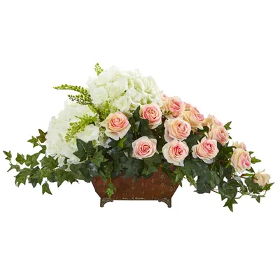 Nearly Natural Hydrangea and Rose Artificial Arrangement in Metal Planter