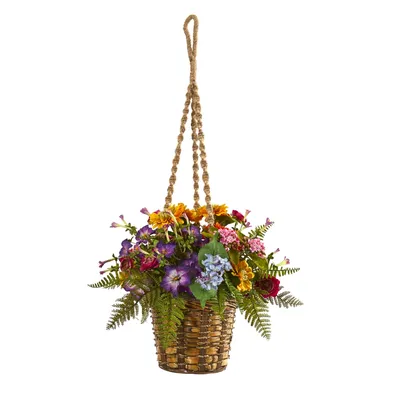 Nearly Natural Mixed Floral Artificial Plant in Hanging Basket