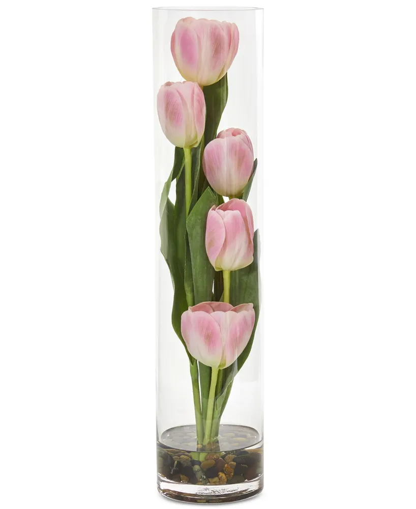 Nearly Natural 18" Tulips Artificial Arrangement Cylinder Vase