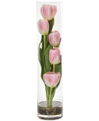 Nearly Natural 18" Tulips Artificial Arrangement Cylinder Vase