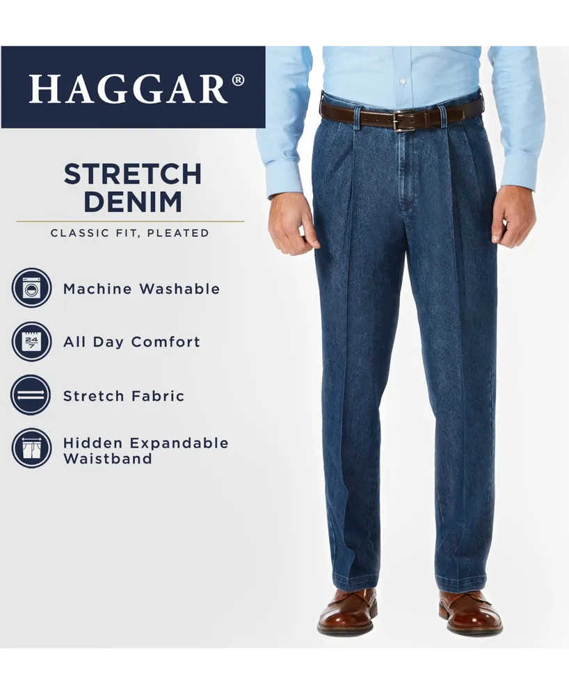 Haggar Men's Stretch Denim Classic-Fit Pleated Pants