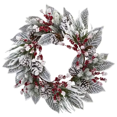Nearly Natural 24" Snowy Magnolia Berry Artificial Wreath