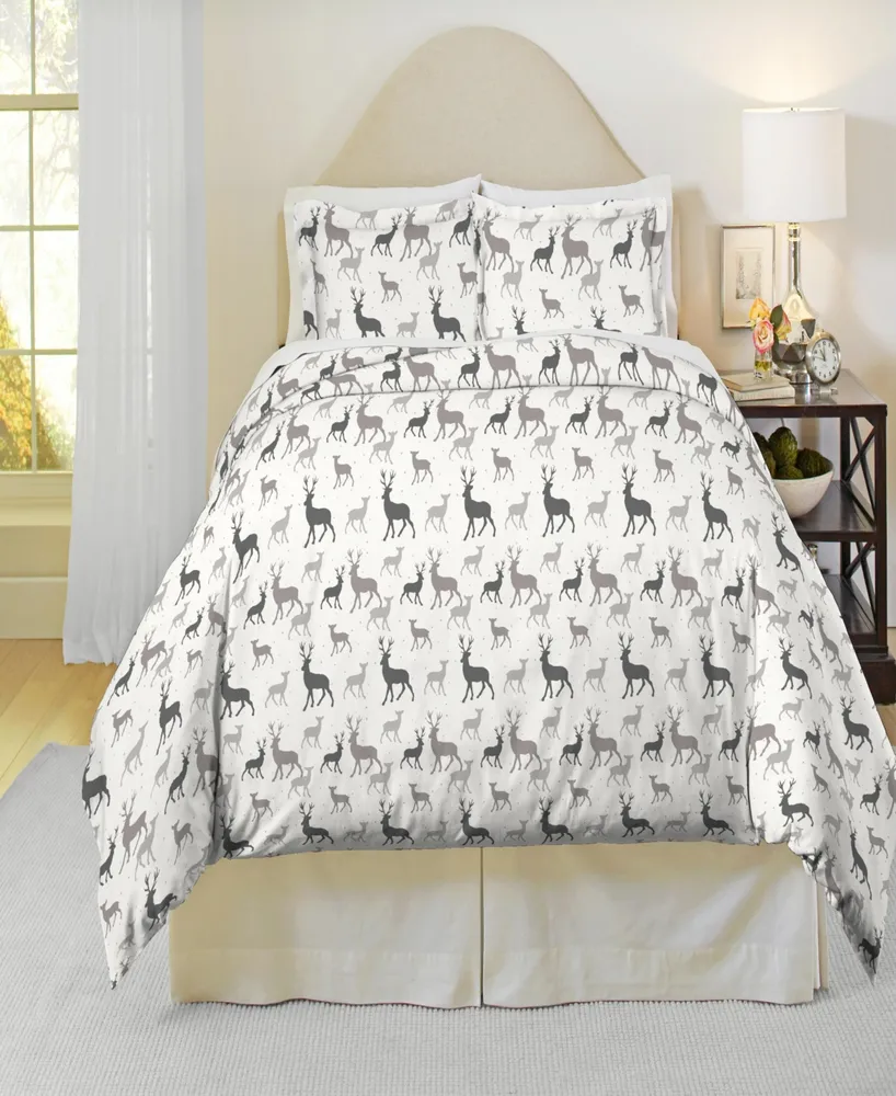 Pointehaven Autumn Deer Print Heavy Weight Cotton Flannel Duvet Cover Set, King/California King