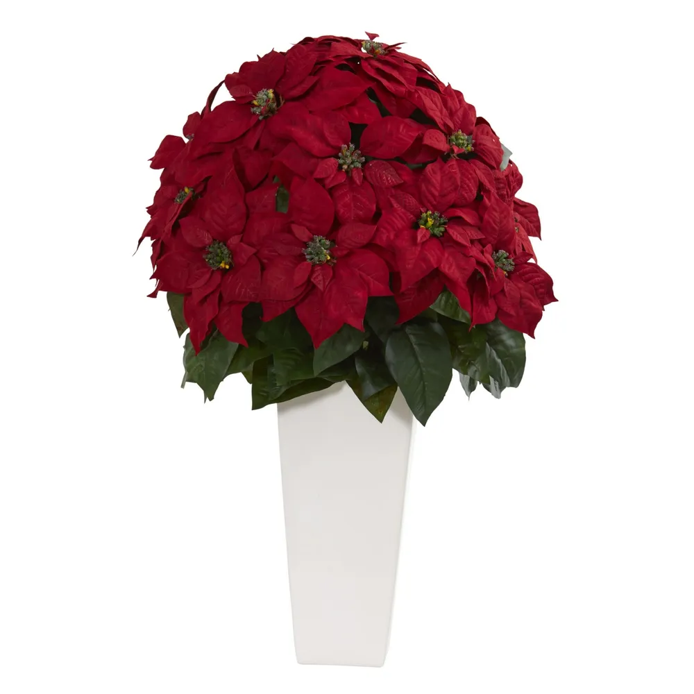 Nearly Natural 32" Poinsettia Artificial Plant in White Planter