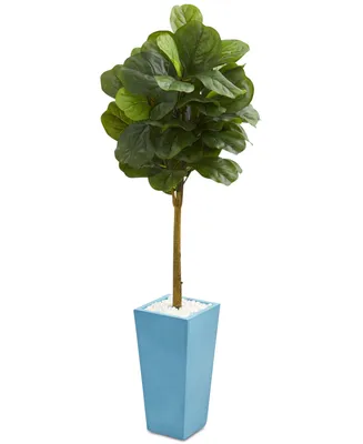 Nearly Natural 4' Fiddle Leaf Artificial Tree in Turquoise Planter - Real Touch