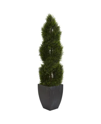 Nearly Natural 5' Double Pond Cypress Spiral Topiary Artificial Tree in Black Wash Planter Uv Resistant