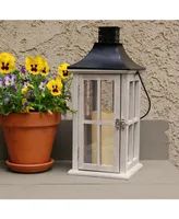 Lumabase White Washed Wooden Lantern with Black Roof and Led Candle