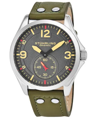 Stuhrling Original Men's Quartz, Silver Case, Grey Dial Watch on A Light Brown Genuine Leather Strap With White Contrast Stitching