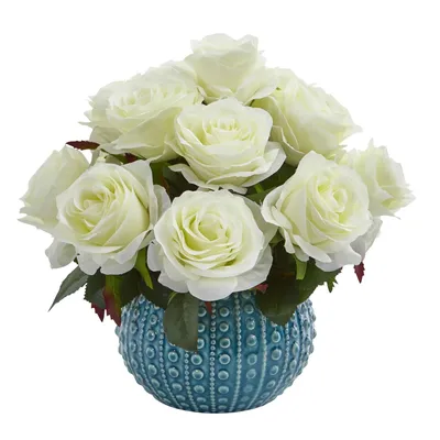 Nearly Natural 11.5" Rose Artificial Arrangement in Blue Ceramic Vase