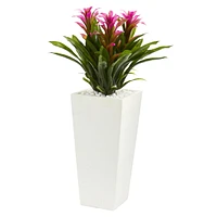 Nearly Natural Triple Bromeliad Artificial Plant in White Tower Planter