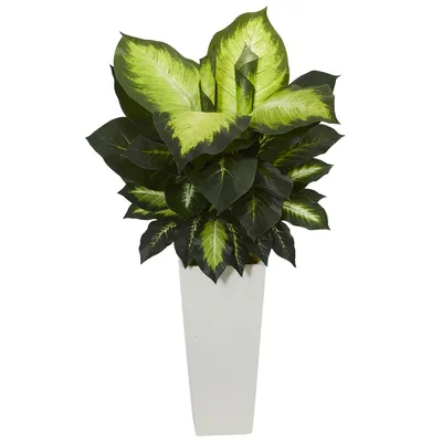Nearly Natural Golden Dieffenbachia Artificial Plant in White Tower Planter