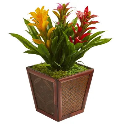 Nearly Natural Triple Bromeliad Artificial Plant Decorative Planter