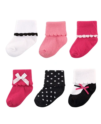 Luvable Friends Baby Girls Newborn Socks Set, Pink Black, 12-24 Months