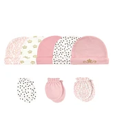 Hudson Baby Girls Cotton Cap and Scratch Mitten 8pc Set, Crown, 0-6 Months