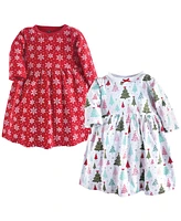 Hudson Baby Girls Long-Sleeve Cotton Dresses 2pk, Sparkle Trees, 12-18 Months