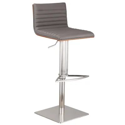 Cafe Adjustable Height Swivel Gray Artificial leather and Walnut Wood Bar Stool with Brushed Stainless Steel Base