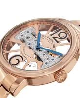 Stuhrling Stainless Steel Rose Tone Case on Link Bracelet, Rose Tone Skeletonized Dial with Exposed Bridge Movement, with Blue and Black Accents